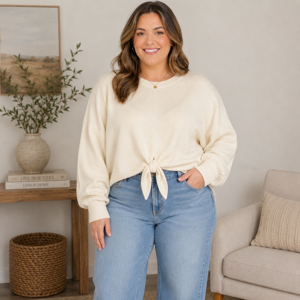 Intermix 100% Cashmere Sweater Ivory Tie Front Crewneck Oversized Knit Womens XL